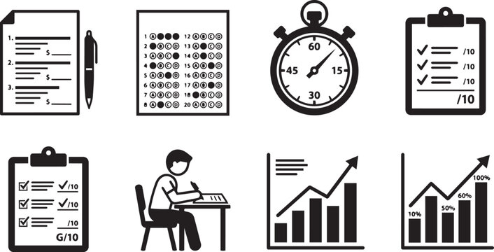 Exam Testing Evaluation and Progress Icon Set.