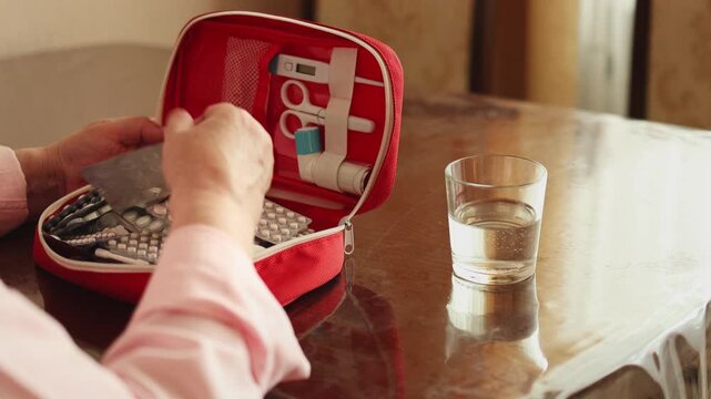 Elderly woman. First aid kit. Medicine boxes. Slow motion video. High quality 4k footage