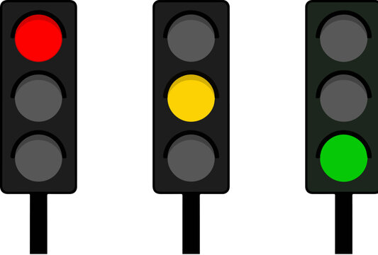 Modern vector illustration of three vertical traffic light signals featuring bright red yellow and green glowing bulbs designed for urban transportation systems and road safety signage in a flat style