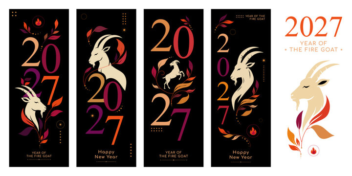 2027 Year of the Fire Goat banners Set featuring elegant goat, floral elements, gold accents, and modern Chinese zodiac New Year design for greeting cards, posters, and festive celebrations. Vector