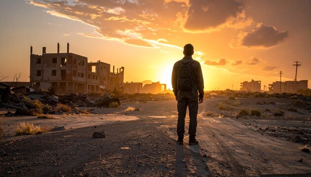 Solitary figure in post-apocalyptic, sunlit landscape
