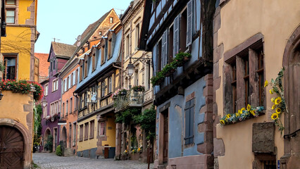 Fototapeta premium Colorful half timbered houses along a winding cobblestone street in a historic Alsace village of Riquewihr, blending French charm, preserved architecture and inviting old town travel atmosphere.