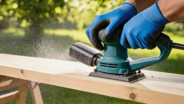 Close-up of hands in blue gloves using an electric sander on a wooden plank, creating sawdust. Ideal for DIY, woodworking