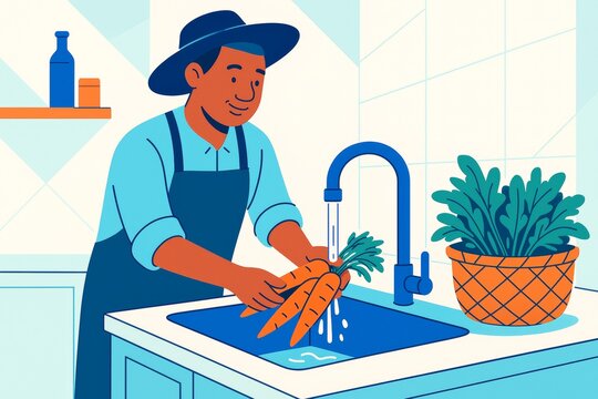 Farmer washing fresh carrots under kitchen faucet with apron and hat in colorful flat style on bright abstract background. Ai generative. Ai generative