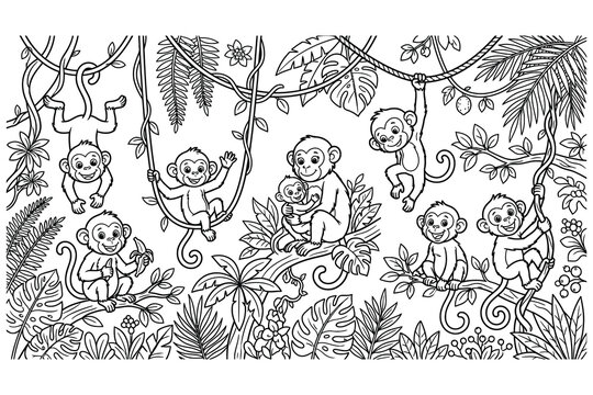Monkeys swinging from vines in a lush tropical jungle environment with leaves and plants