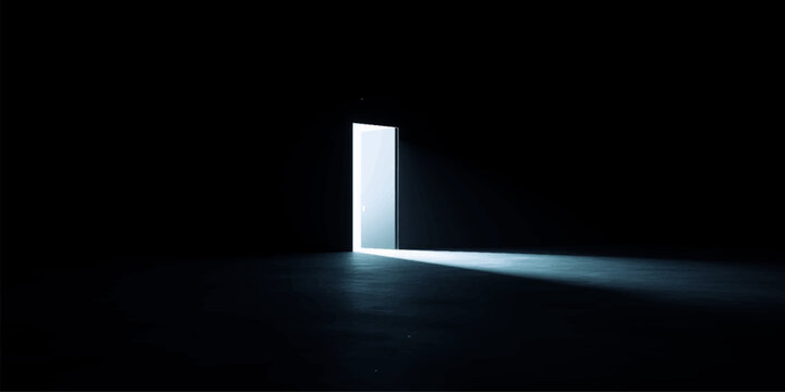 Open doorway leading from a dark corridor into bright light symbolizing hope success and new beginning