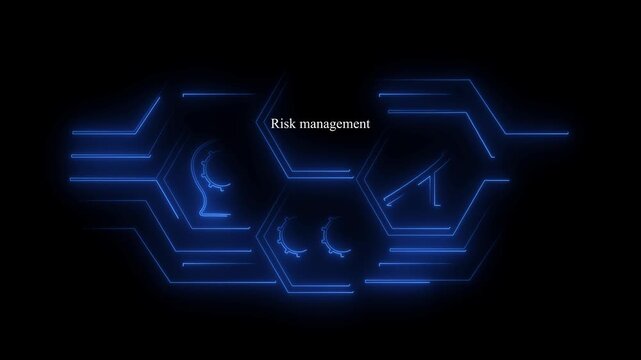 Risk Management Business Analytics Icon with Financial Assessment, Strategic Planning, Compliance Monitoring, Corporate Governance, Performance Metrics Dashboard and Data Driven Decision Making.