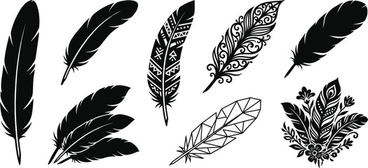 Set of solid black feather silhouette icons featuring tribal, geometric, and ornate clean line art vector illustrations © Designer Arif