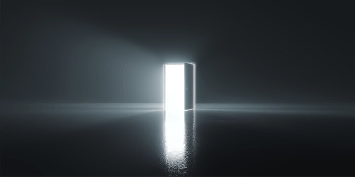 An empty 3d architecture room interior with an open door on the dark wall symbolizes a new conceptual entrance to success and dreams