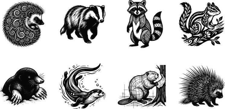 Collection of solid black woodland animal silhouettes featuring high contrast wildlife and clean line art vector illustrations