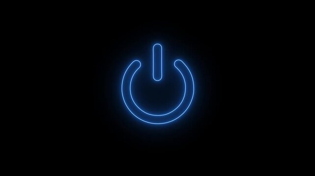 Glowing blue neon power on off button flickering on a black mesh background. Technology concept ideal for user interface concepts, app development and cybersecurity visuals. 4k