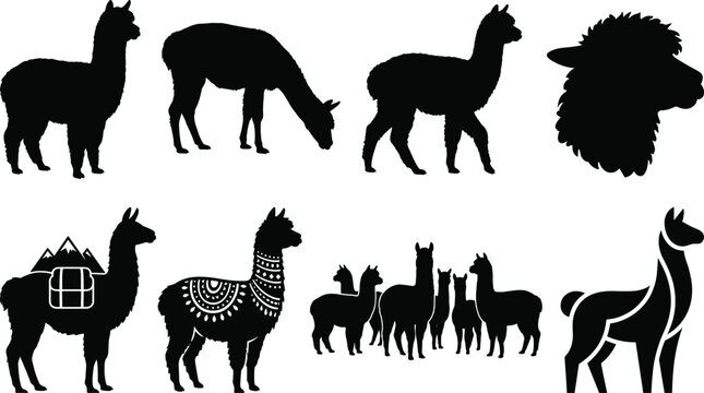 Set of solid black llama and alpaca silhouettes featuring decorative patterns, mountain packs, and herd compositions isolated