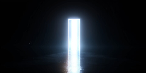 An abstract 3d illustration of an open door to the bright blue sky and heaven with a silver number symbol casting a spotlight in a dark room © MDNUR