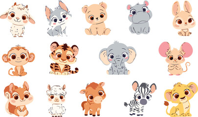Fototapeta premium Cute Baby Animals Vector Illustration Set with Lion Tiger Elephant Hippo Zebra Bear and Monkey Cartoon Characters for Kids Nursery Patterns