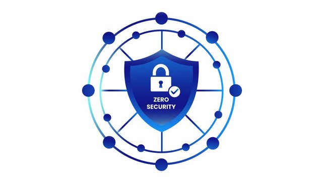 Blue zero trust security shield rotating with network nodes