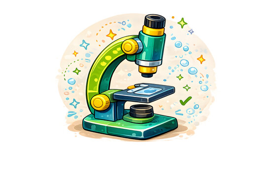 Stylized illustration of a green and blue cartoon microscope with sparkles