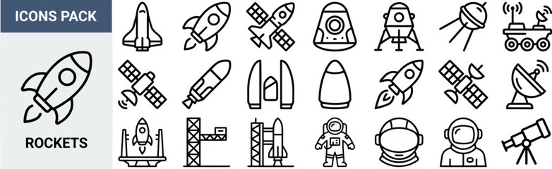 Obraz premium Rocket and Space Exploration outline icon set. Featuring space shuttle, satellite, astronaut, launch pad, and telescope symbols. Editable stroke icons for space science website and startup branding.