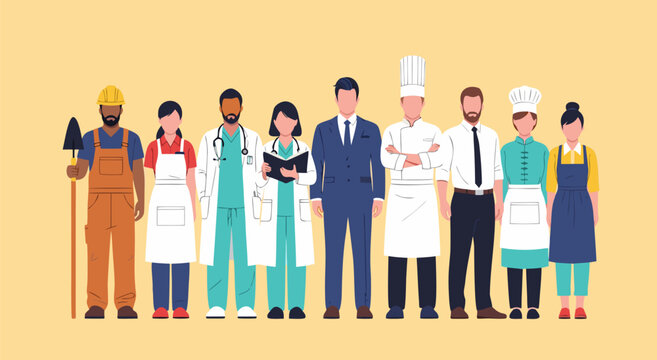 Diverse group of professional workers standing together vector illustration showcasing various careers and occupations for modern job recruitment concepts