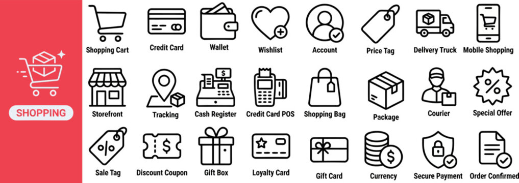 Shopping and Retail Store outline icon set. Featuring shopping bag, gift card, loyalty reward, store front, and courier delivery symbols. Editable stroke icons for retail loyalty and shopping app.
