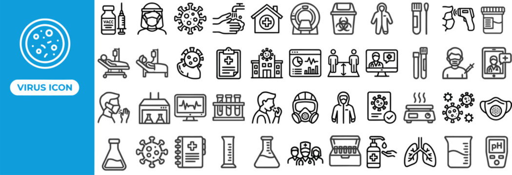 Virus and Epidemic Prevention outline icon set. Featuring coronavirus, vaccine, face mask, laboratory test, and immunity symbols. Editable stroke icons for medical research and public health.