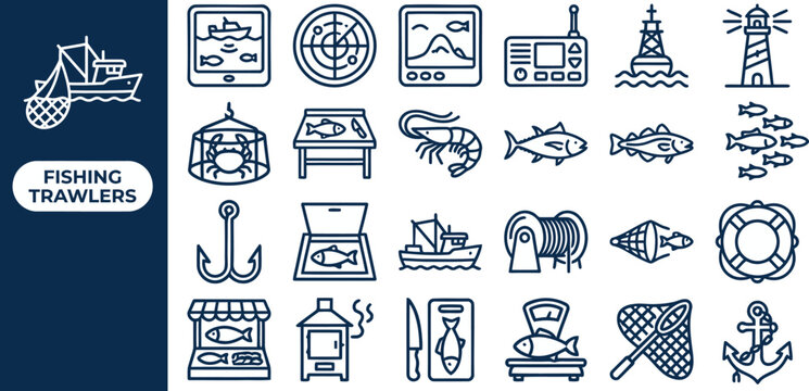 Fishing Trawler and Seafood Industry outline icon set. Featuring trawler boat, fishing net, anchor, radar, and lighthouse symbols. Editable stroke icons for commercial fishery and seafood business.