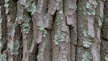 Naklejka premium Close up of rough tree bark with pale green lichen texture