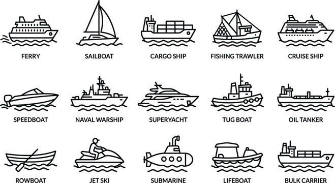 Silhouette of various boats and ships isolated on transparent background