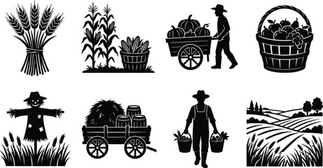 Collection of solid black harvest silhouette icons featuring farmers, pumpkins, wheat, and rural landscape clean line art © MdBabul