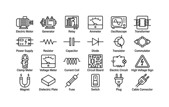 Electronic Component Board. Line icon set of electrical devices and components: electric motor, generator, relay, ammeter, oscilloscope, transformer, power supply, resistor, capacitor, diode,