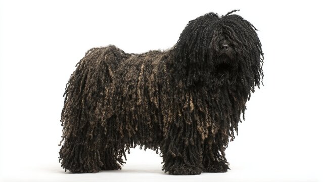 Purebred Puli dog standing isolated on a white background. Hungarian herding breed known for its distinctive corded coat resembling dreadlocks