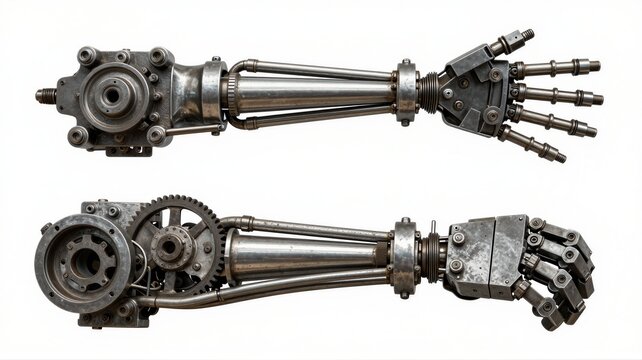 Pair of industrial robotic metal arms with articulated mechanical hands