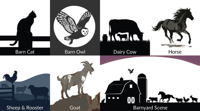 Collection of farm animal silhouettes and barnyard scene vector illustrations featuring cow, horse, sheep, goat, and owl.