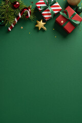 Obraz premium Merry Christmas and Happy New Year gifts with ribbon, candy cane and ornaments on vertical green background