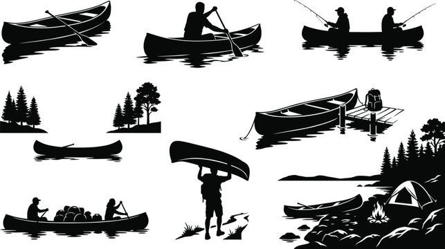 Collection of solid black canoe silhouettes featuring paddling, fishing, portage, and wilderness camping scenes isolated on white