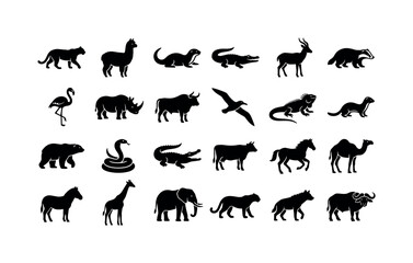 Obraz premium Savanna Range Glyphs. Solid glyph icon set of animals: puma, alpaca, otter, alligator, antelope, badger, flamingo, rhinoceros, bull, albatross, iguana, weasel, polar bear, snake, crocodile, cow,