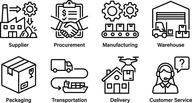 Supply chain logistics icons set silhouette isolated on transparent background