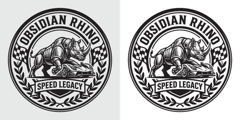 Obsidian Rhino Speed Legacy emblem featuring aggressive rhino and race car © Hamdani