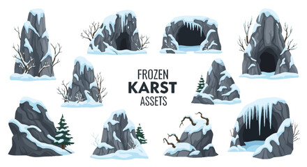 A collection of ten illustrated frozen rock formations and caves covered in snow and ice with barren trees and pines © Faisal