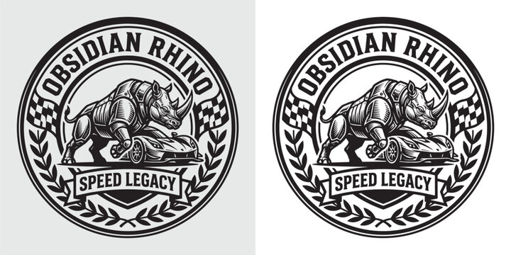 Obsidian Rhino Speed Legacy emblem featuring aggressive rhino and race car