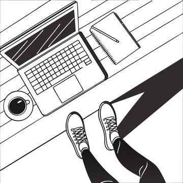 Overhead view of workspace with laptop, coffee, and notebook, modern office desk setup with person's feet
