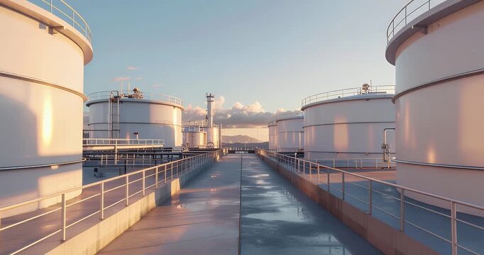 A detailed view of a large industrial storage facility with multiple white tanks under a clear sky.