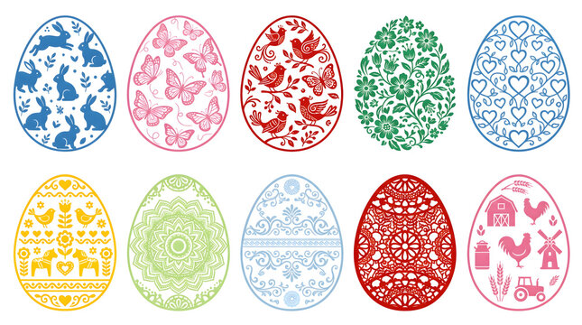 Colorful Easter egg silhouettes with floral, animal, lace, and mandala designs