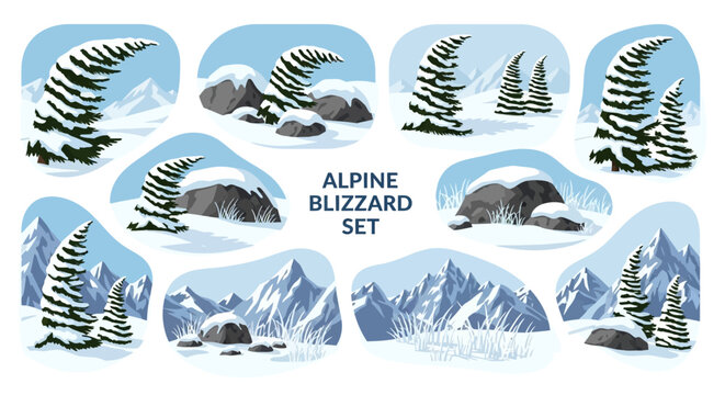 A collection of ten vector illustrations featuring snowcovered pine trees rocky terrain and mountain peaks in a winter alpine setting