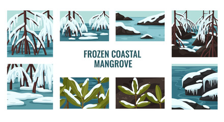 A graphic set of eight illustrations depicting snowy mangrove trees icy rocks and frozen foliage in a coastal setting © Faisal