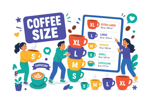 Coffee Cup Sizes Coffee Cup Sizes Banner with 3 expressive stylized human characters stacking oversized coffee cups beside a giant size chart, with cappuccino cup, small cup, medium cup, large cup,