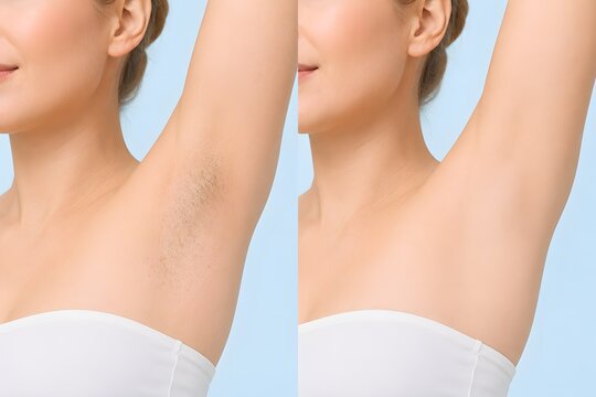 Medical vector illustration of female underarm laser hair removal treatment before and after comparison
