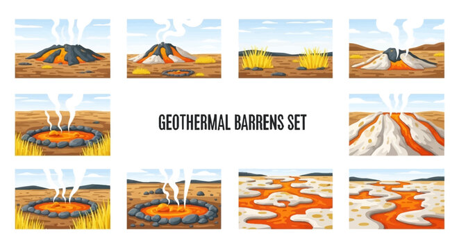A set of ten illustrations depicting geothermal barren landscapes featuring lava flows steaming vents and hot pools