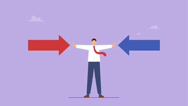 Businessman stop conflict or fighting. Referee finds compromise, mediator solving competition, conflict and solution concept.