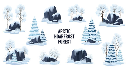 Collection of stylized flat vector illustrations featuring snowcovered rocks coniferous trees and birch trees © Faisal