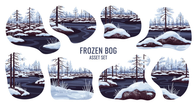 Collection of eight irregular shapes displaying frozen bog landscapes with snowcovered ground dark water and bare trees